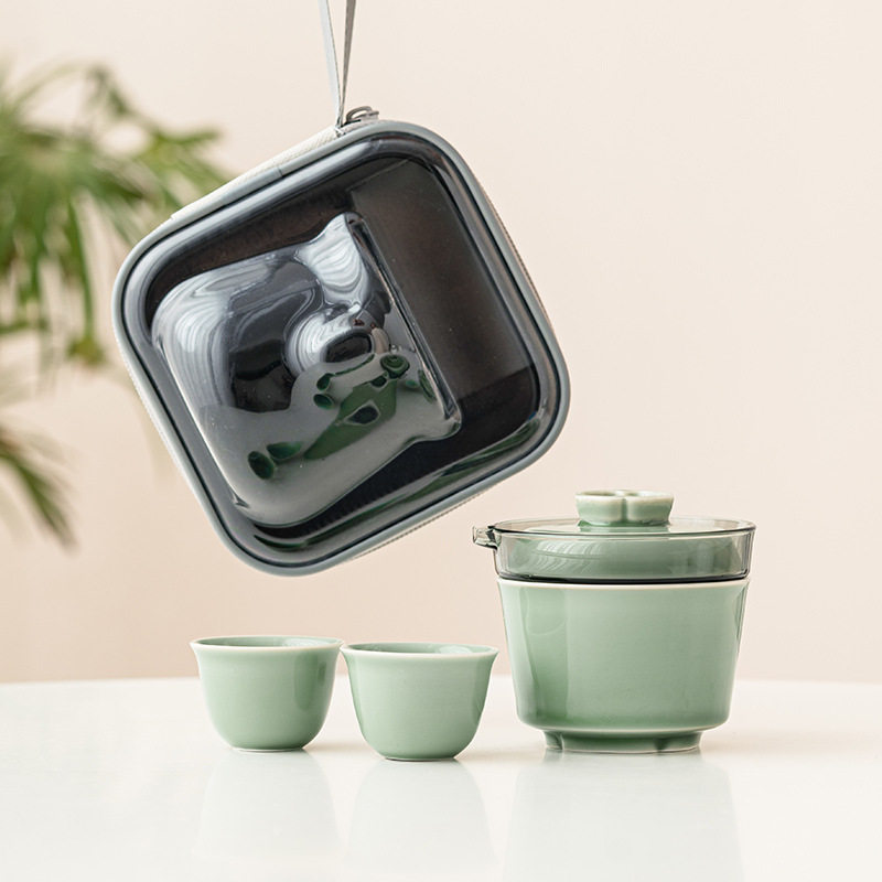 厂家越窑青瓷茶壶茶杯陶瓷功夫泡茶快客杯户外露营旅行茶具便携式图片