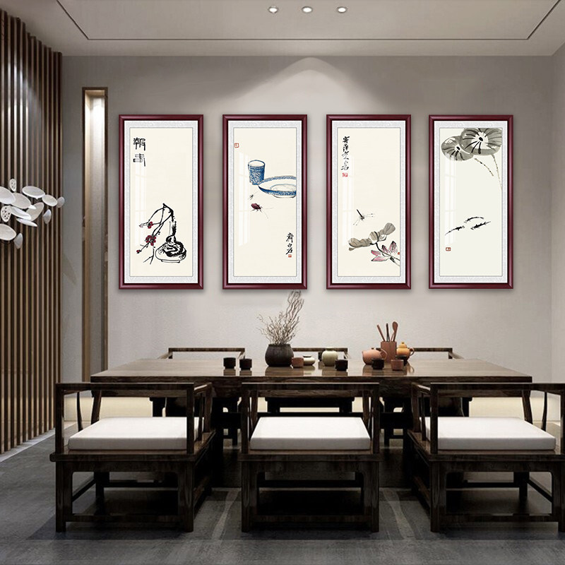 齐白石水墨荷花玄关挂画新中式客厅沙发背景墙装饰画茶室书房壁画
