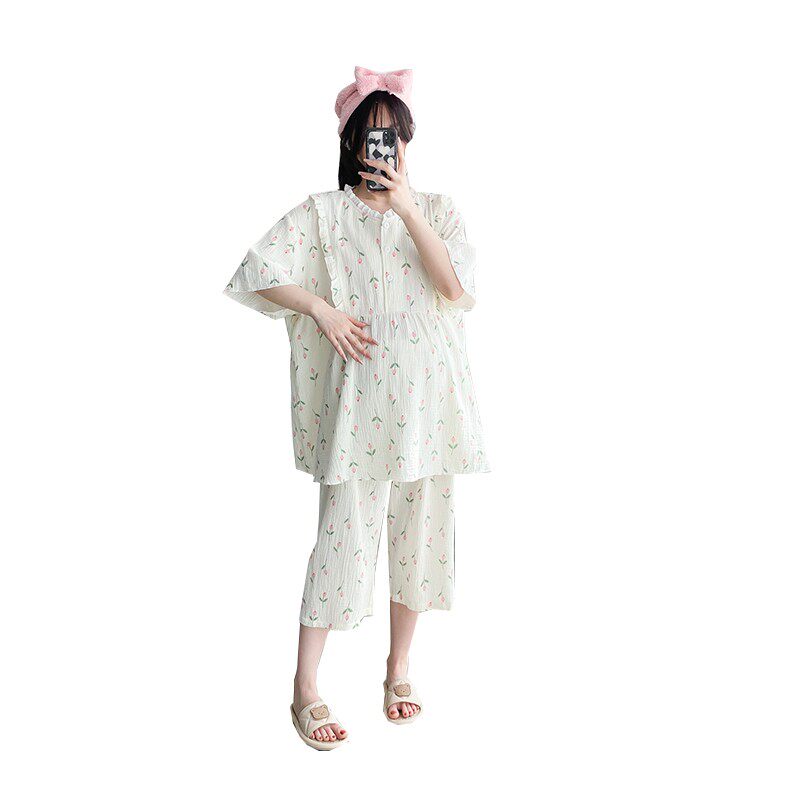 大码孕妇哺乳睡衣短袖夏季纱布产后月子服棉纱薄款家居服女200斤