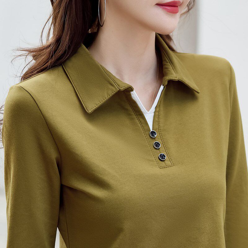 翻领扣子纯棉长袖t恤女春秋大码宽松百搭衬衣t桖中老年妈妈打底衫