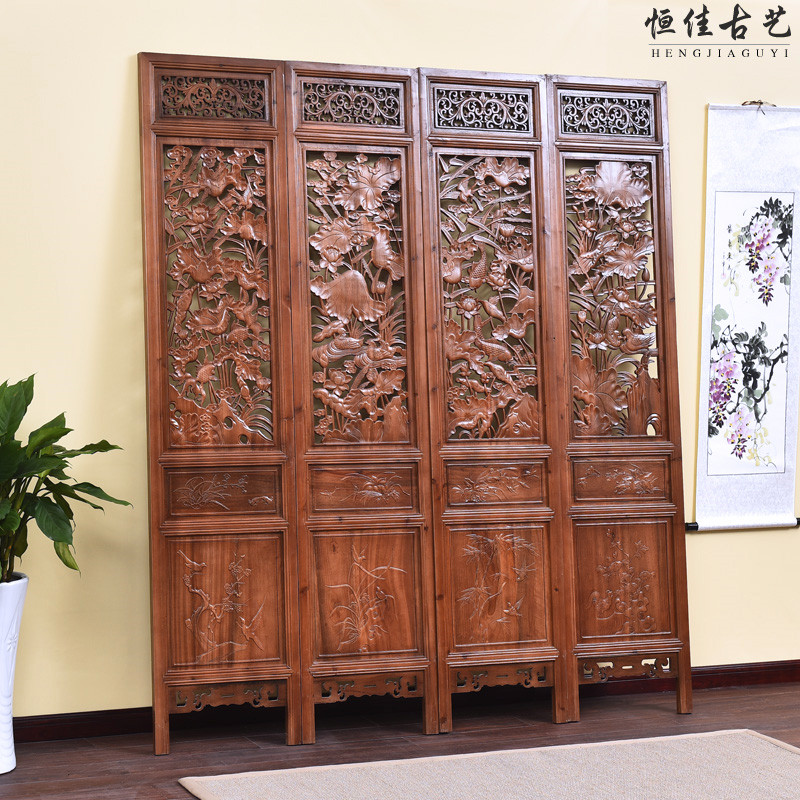 东阳木雕明清仿古新中式实木香樟木酒店客厅移动雕花屏风隔断折屏