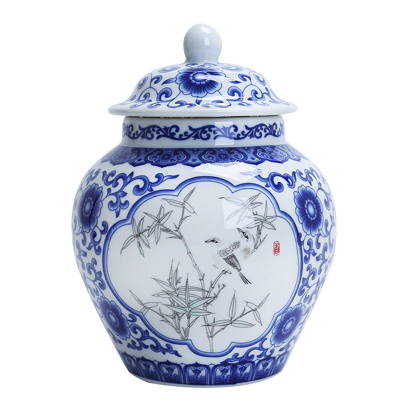 青花陶瓷茶叶罐大码1斤2斤装存茶储物普洱茶盒礼盒包装海浪将军罐