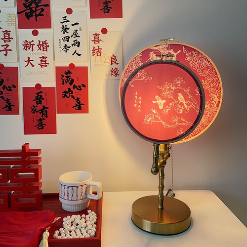 结婚台灯卧室床头灯红色灯陪嫁长明灯新中式子母团扇灯送新婚礼物