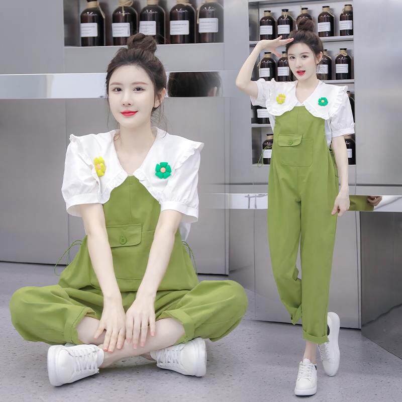 洋气衬衣牛仔背带裤套装女夏季新款初高中学生宽松直筒裤子两件套