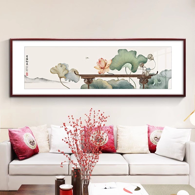 新中式客厅装饰画沙发背景墙挂画横幅荷花九鱼图卧室床头手绘壁画