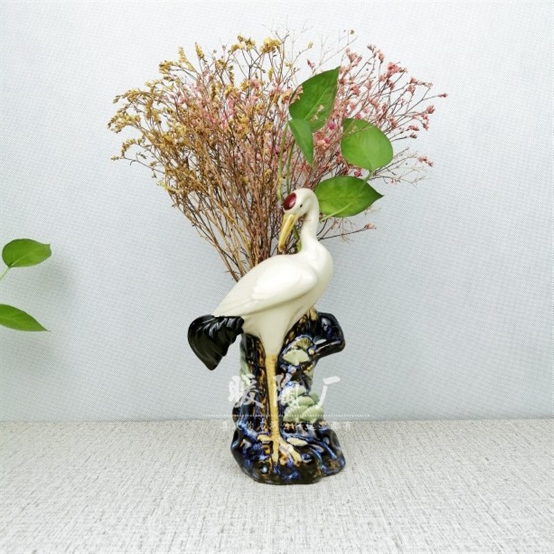 石湾公仔陶瓷朱顶仙鹤笔插花插花瓶水养盆景搭配装饰松鹤家居摆件