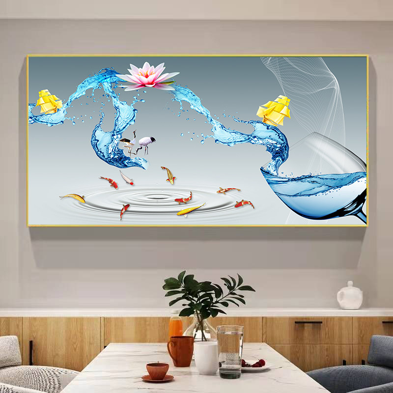 招财九鱼图餐厅装饰画饭厅新中式歺厅挂画酒杯横幅餐桌墙上面壁画