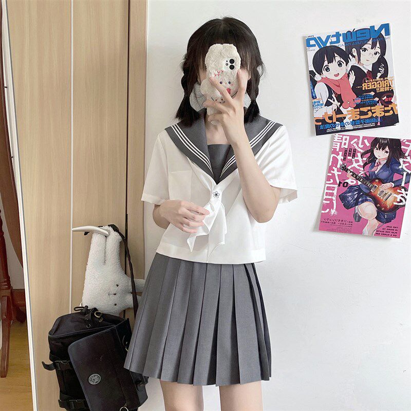 樱花家族jk制服【深灰白三本】关西襟替换胸档水手服短袖夏季女