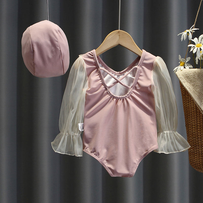 女童长袖防晒游泳衣女宝宝时髦套装儿童夏季网红连体式公主裙子潮