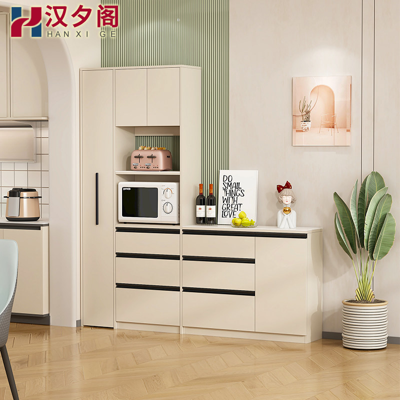 奶油风餐柜茶水柜一体靠墙高低柜组合客厅饭厅厨房储物矮柜定制
