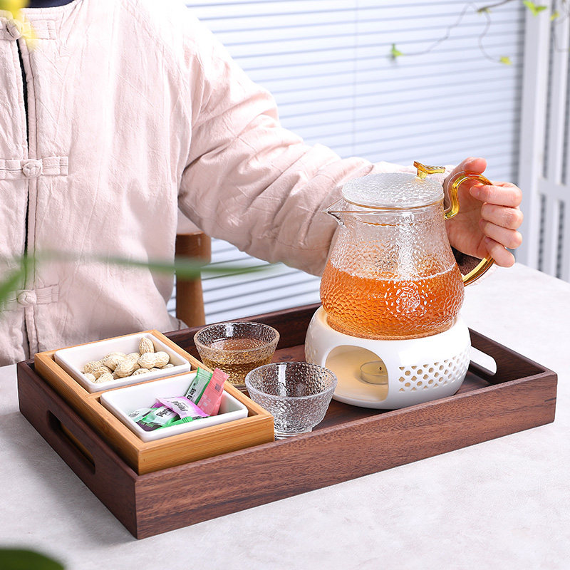 日式锤纹玻璃花茶壶蜡烛煮茶胡桃木酒店托盘点心盘下午茶茶具套装