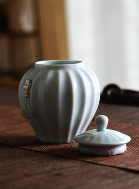 日式青瓷醒茶罐手工淡雅陶瓷茶叶罐小号创意随身茶罐功夫茶具配件