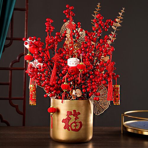 新年福桶干花装饰品摆件中式乔迁新居抱抱桶结婚客厅新房布置摆设
