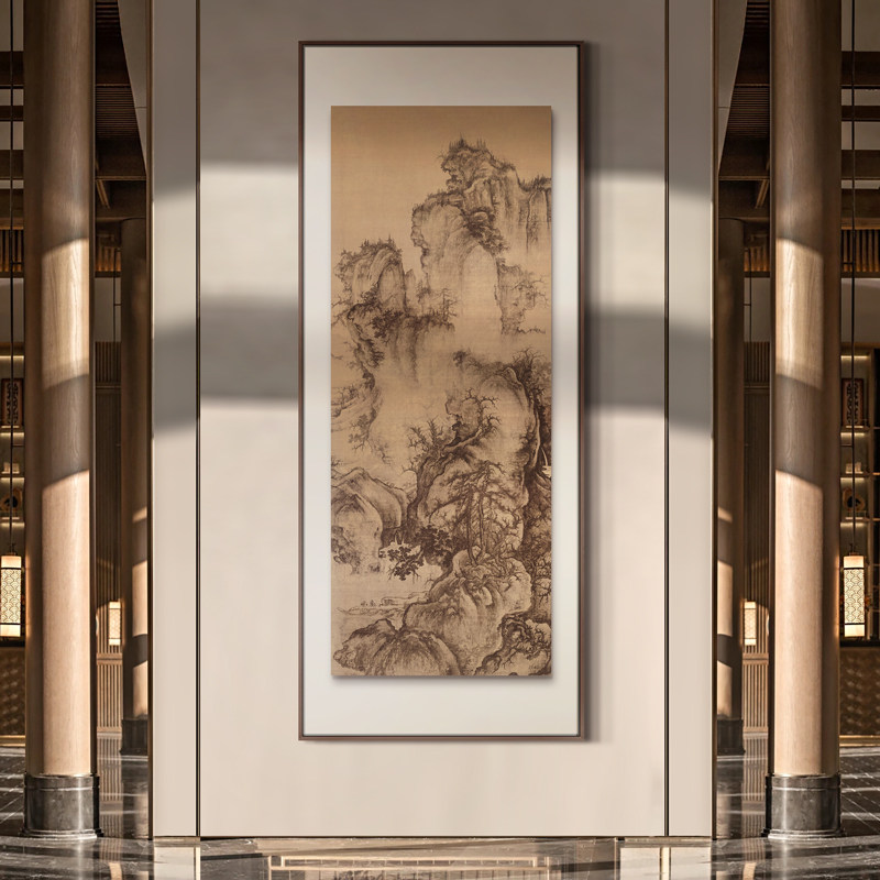 新中式入户玄关装饰画《古松图》风景正对门走廊过道竖款背景挂画
