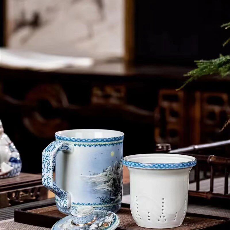 景德镇七丞堂陶瓷茶杯青花瓷三件杯子水杯带盖过滤会议办公泡茶杯