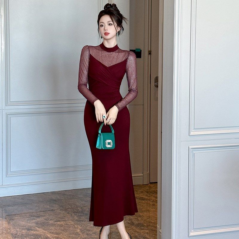 半高领长款鱼尾连衣裙秋冬配大衣内搭轻奢女装礼服打底包臀裙子