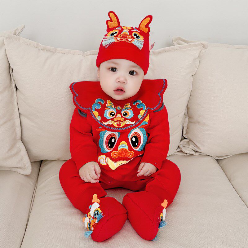 婴儿百日宴秋冬季满月宝宝衣服保暖喜庆周岁礼服龙年大红色连体衣