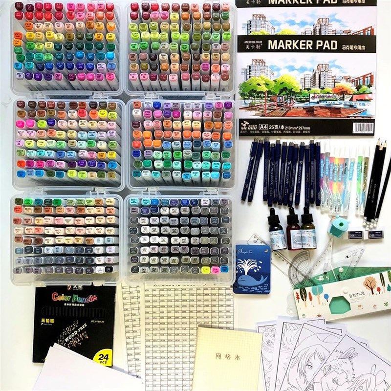美卡勒马克笔全套色480色绘画笔双头笔专业套装盒装硬头软头酒精