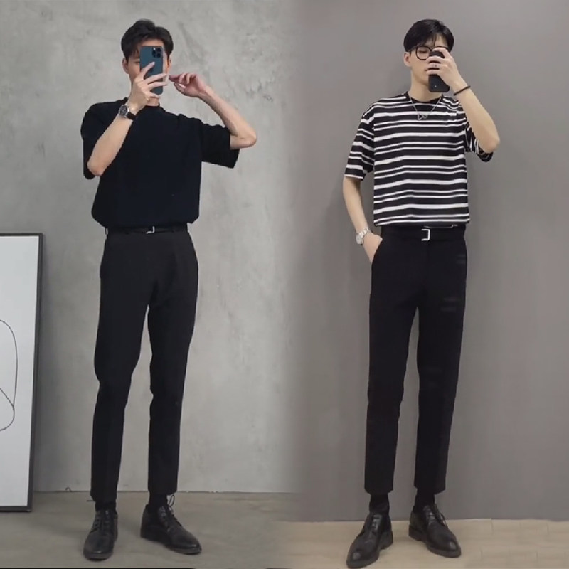 夏季小直筒西裤男学生轻熟风修身免烫休闲男装九分西装裤坠感黑色