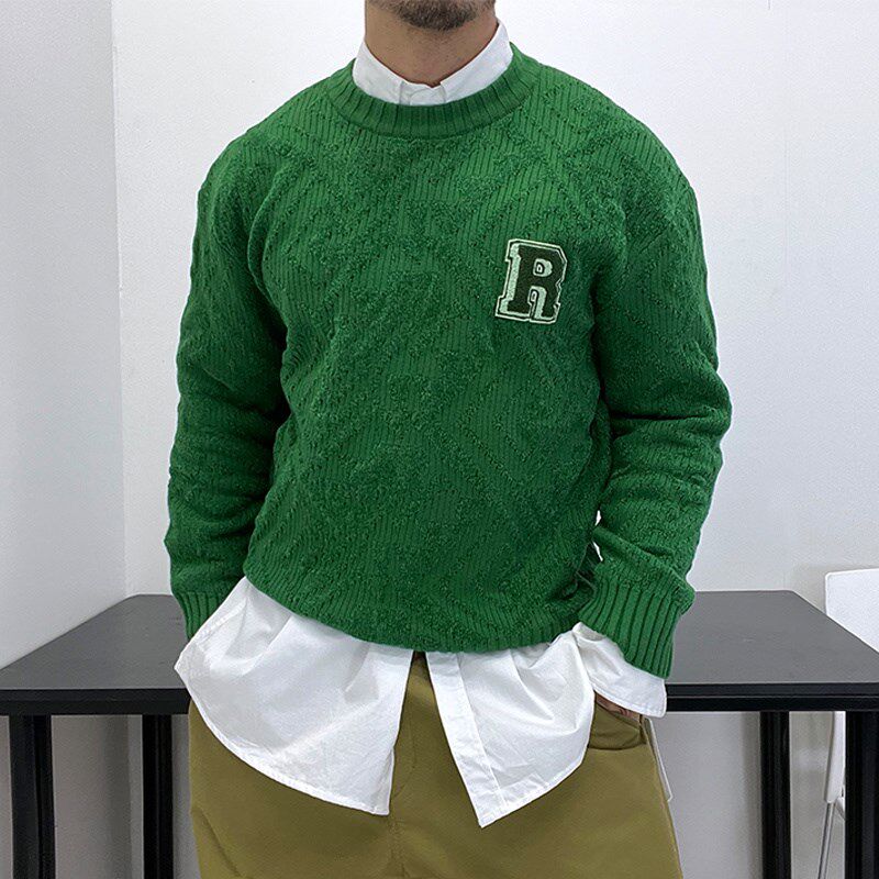 质感立体纹理!弹性秋冬套头圆领毛衣毛线衫加厚保暖潮男显壮绿色