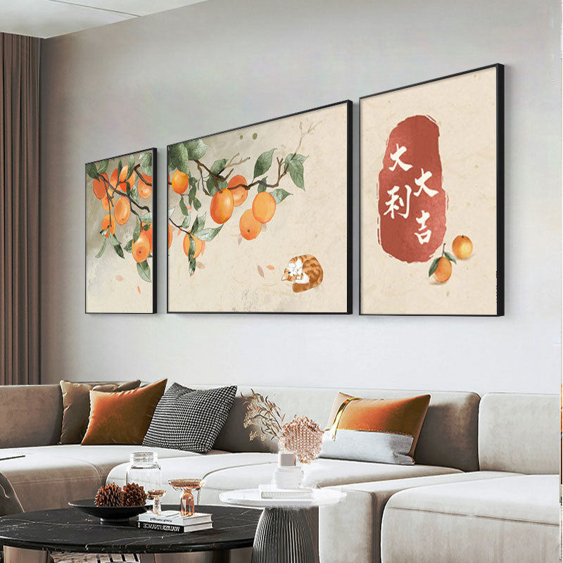 北欧风客厅装饰画金桔寓意三联画日式原木风柿子猫咪沙发背景挂画