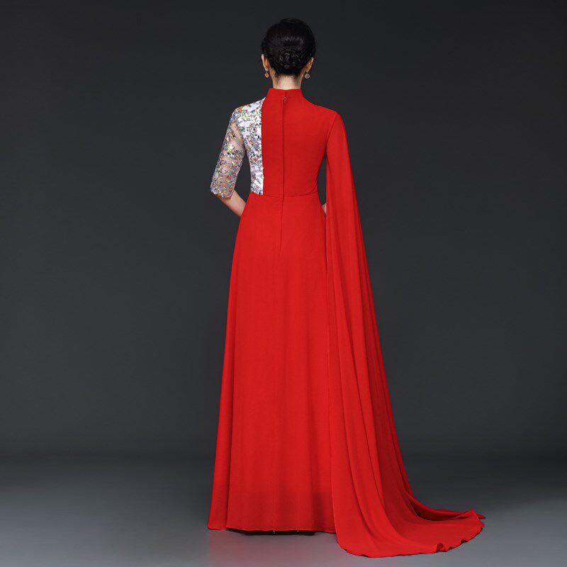 2024新款新娘结婚敬酒服中国风模特走秀演出服长款修身大摆雪纺裙