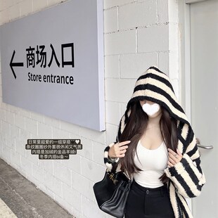 CCZEE 宽松显瘦长袖 上衣 大货比样衣更加厚 圈圈纱条纹连帽外套女