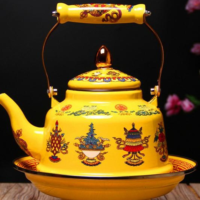 西藏民族特色茶具八吉祥酥油茶壶家用供水壶酥油茶提梁搪瓷茶壶11