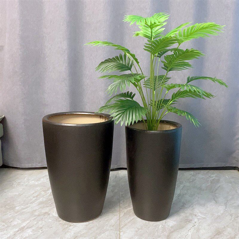 黑色磨砂特大炮筒陶瓷花盆大号简约户外圆形花盆纯黑色高筒大花盆