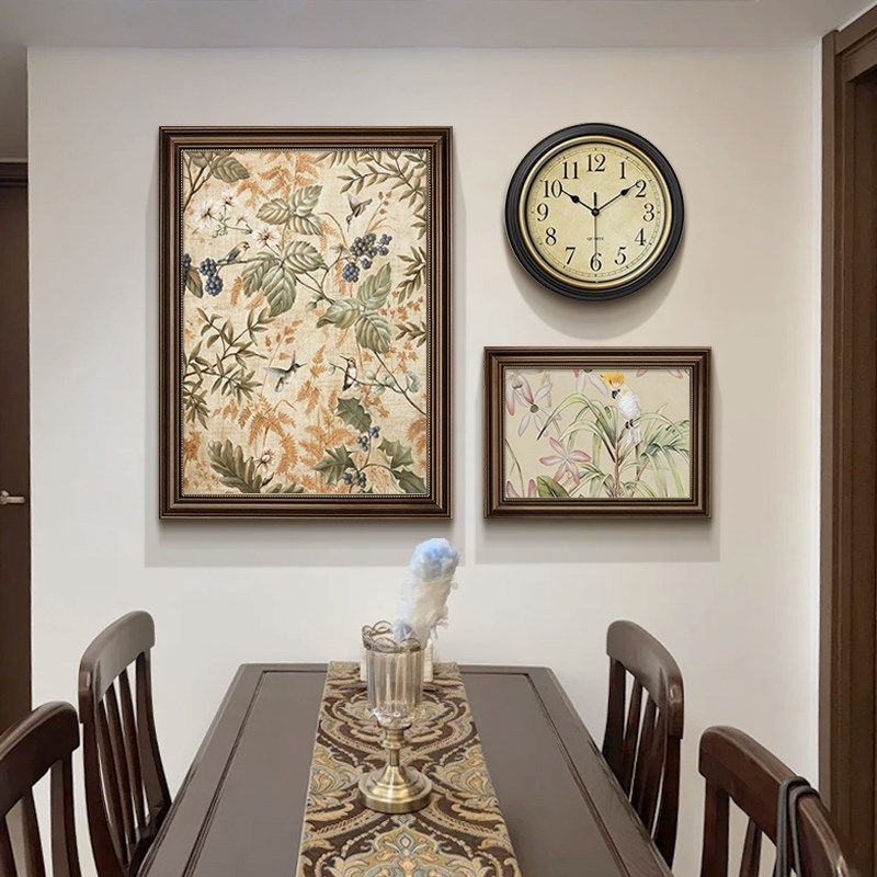 美式餐厅挂画带钟表客厅背景墙装饰画复古组合画挂钟欧式风景壁画