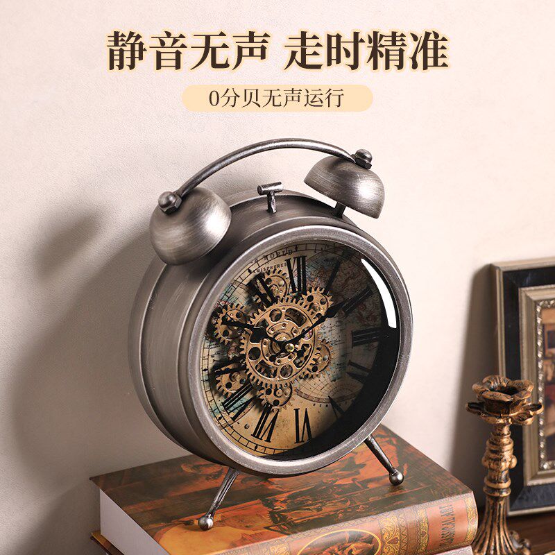 2025新款美式桌面复古齿轮座钟客厅时钟摆件高级摆桌上型电脑械座