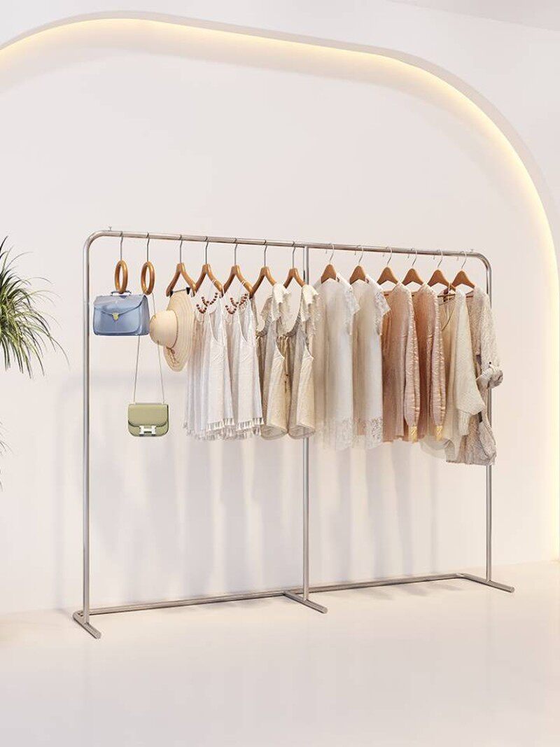 服装店展示架落地式挂衣服架子不锈钢拉丝银色展示挂衣架女装货架