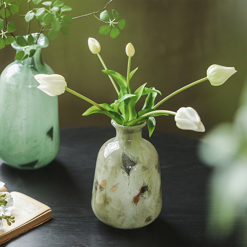 绿色飘点细口玻璃花瓶琉璃花器客厅餐桌插花摆件家居摆设装饰品