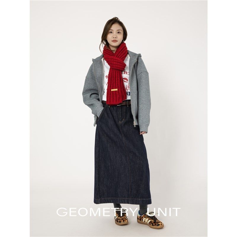 几何单元牛仔蓝色加绒A字半裙女保暖24冬季后开叉宽松挺阔8分裙子