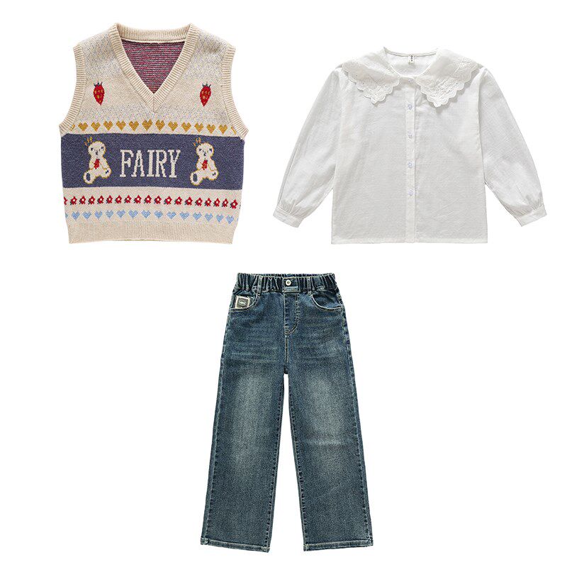 女童针织马甲春秋款2024新款大童毛衣背心儿童秋冬女孩两件套衬衣