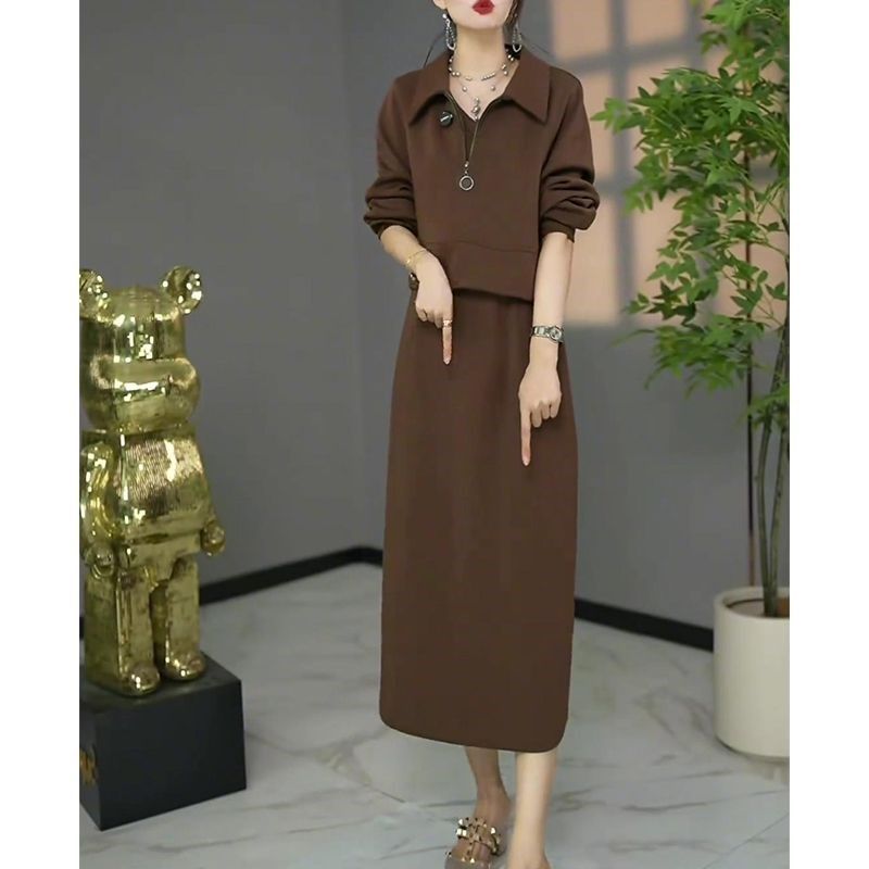 长袖半拉链卫衣背心连衣裙套装女2024秋季新款大码时尚显瘦两件套