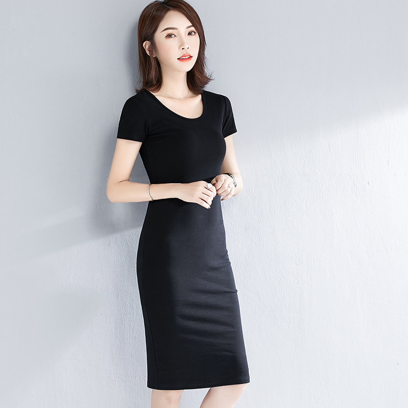 黑色短袖连衣裙女中长款夏季新款圆领修身收腰气质打底内搭一步裙
