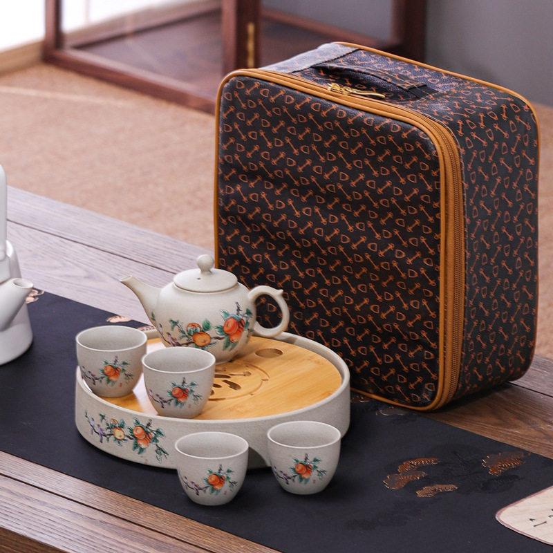 粗陶旅行茶具套装便携式复古一壶四杯收纳包带茶盘户外露营泡茶壶图片
