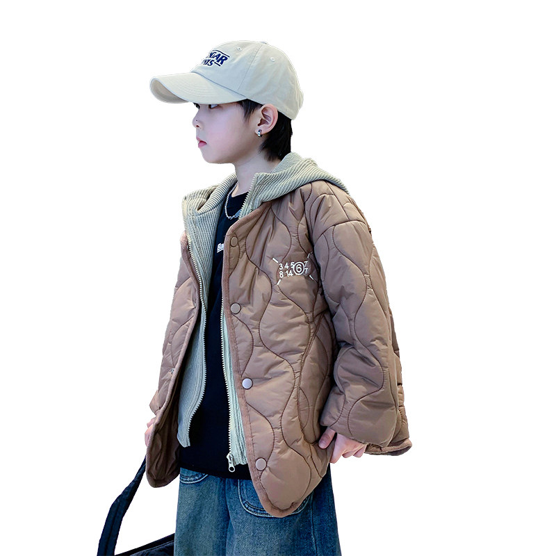 男大童秋冬装假两件轻薄夹棉棉服2023新款儿童冬季保暖棉衣外套潮