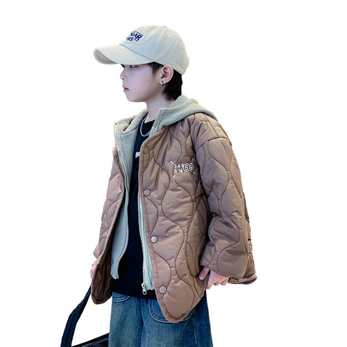 男大童秋冬装假两件轻薄夹棉棉服2023新款儿童冬季保暖棉衣外套潮