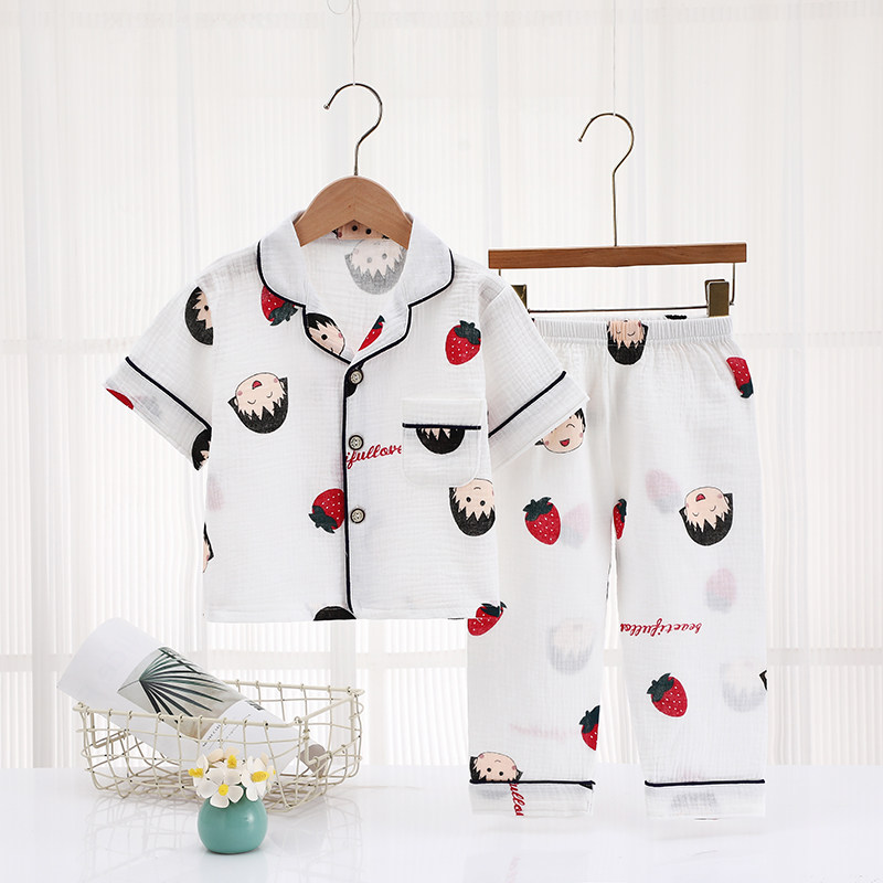 米筱米儿童夏季纯棉纱布薄男女童短袖长裤全棉空调服家居服睡衣套