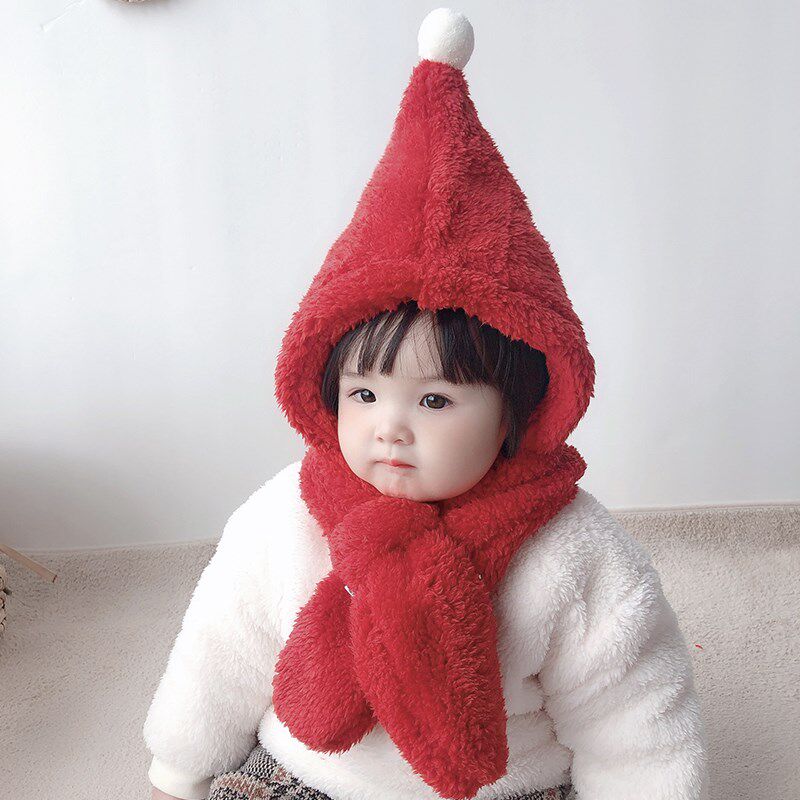 婴儿红色帽子圣诞帽毛绒保暖围巾一体帽防风宝宝帽子可爱新年帽子