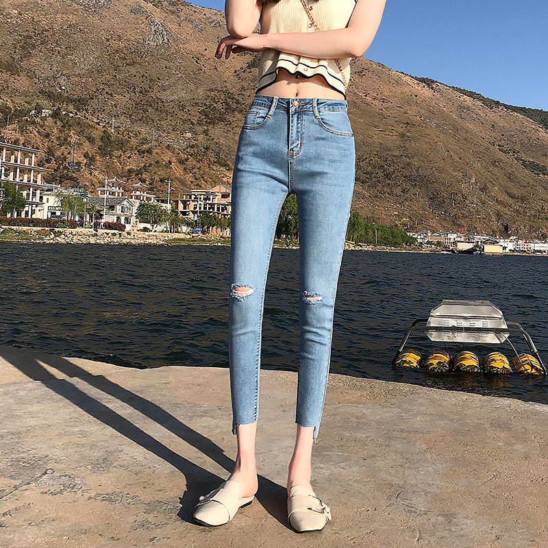薄款八分高腰牛仔裤女2021夏天浅蓝破洞九分弹力显瘦小个子小脚裤