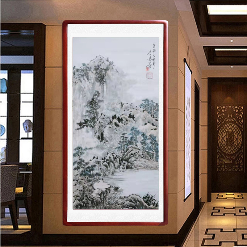 国画山水手绘客厅装饰画写意书画木框卷轴装裱卧室书房餐厅水墨画