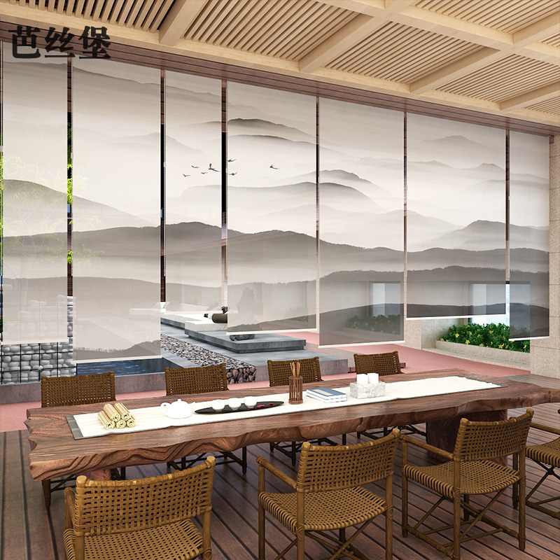 新中式窗帘卷帘子软屏风隔断墙悬挂式山水画升降阳台客厅飘窗窗户