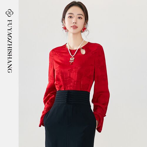 FUYAO扶摇 中国风盘扣衬衫女春季新中式红色提花圆领复古小衫上衣