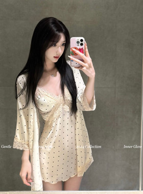 aura*汀兰香榭 日系甜美少女吊带睡裙家居服舒适波点睡衣裤套组纯