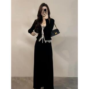 2025新款秋季法式黑色长袖连衣裙子女装今年流行爆款穿搭套装长裙