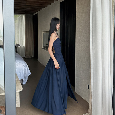 VENUIE性感藏青褶皱露背