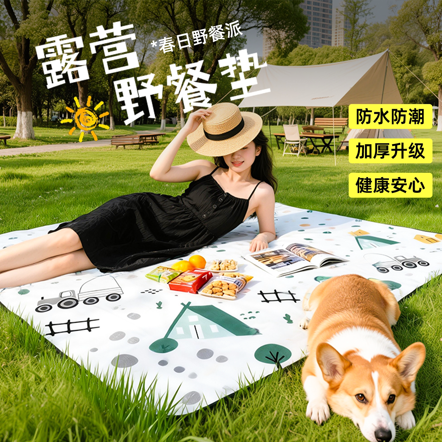 野餐垫户外便携露营帐篷毯春游加厚防水防潮带地钉的公园草地垫子